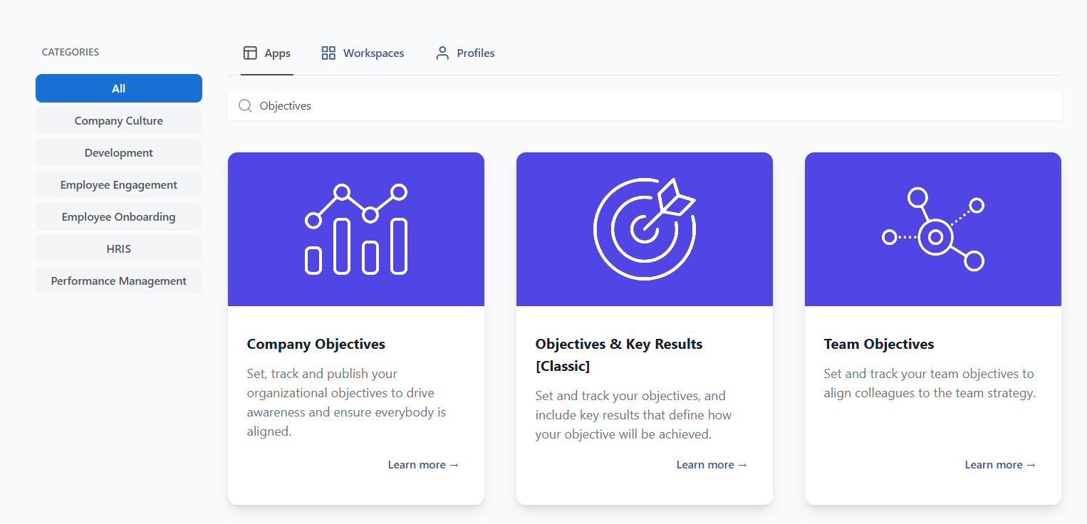 PeopleGoal app store with OKR App Template