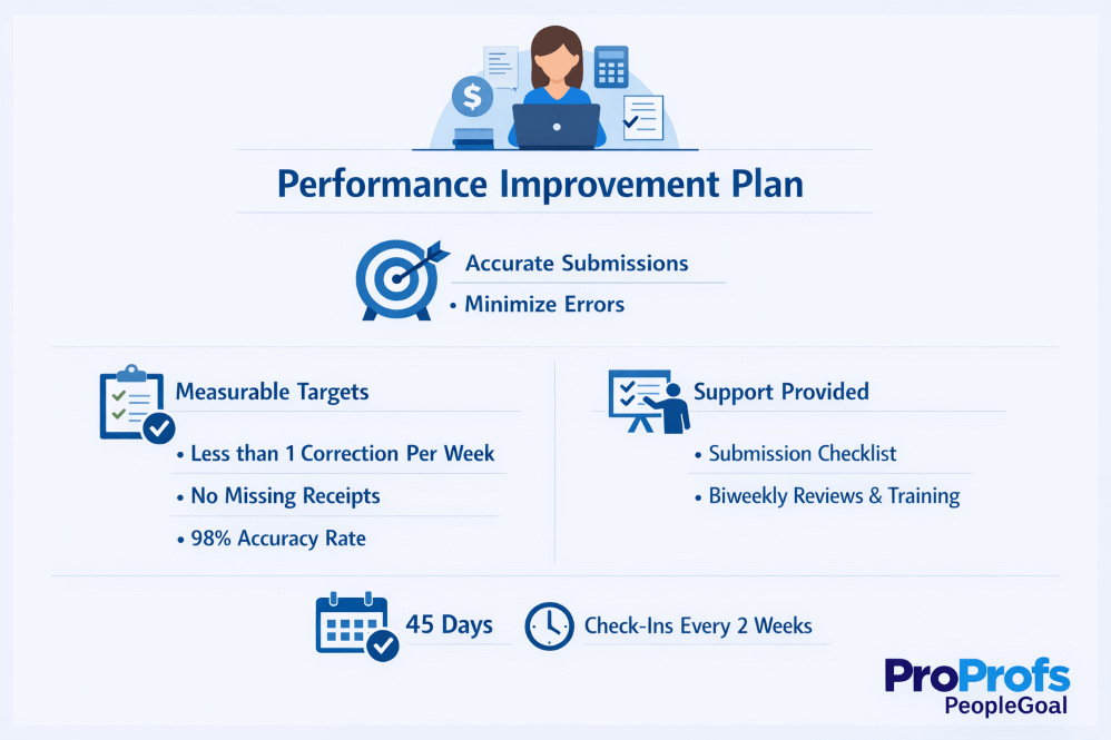 Admin or finance quality-of-work improvement plan with error-rate targets, review steps, and accuracy checks, using Performance Improvement Plan Examples