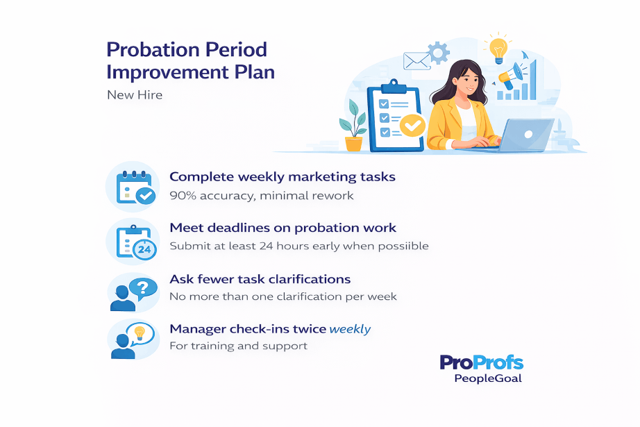 New hire probation period improvement plan with role expectations and 30-60-90 day checkpoints, using Performance Improvement Plan Examples for early success tracking