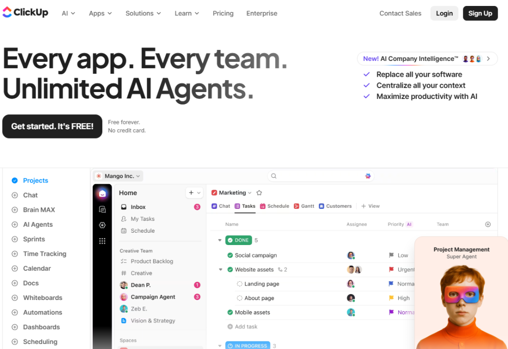ClickUp employee tracking software dashboard