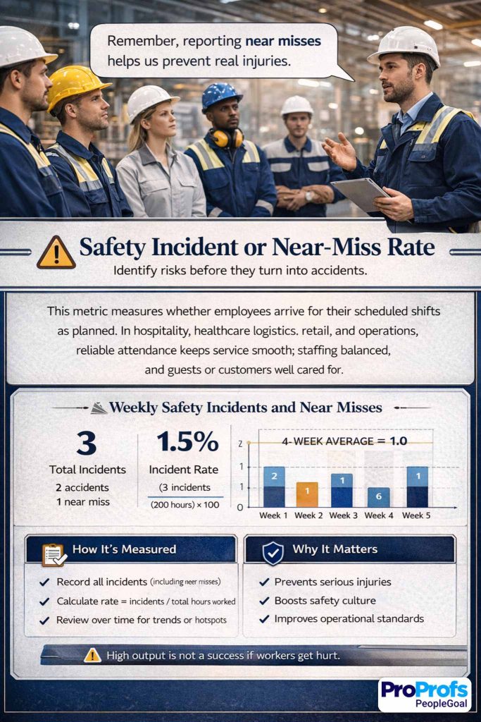 Safety incident or near-miss rate measures how often unsafe events or warning signs occur in physical work environments. In frontline, industrial, warehouse, lab, transport, and field roles, safety is absolutely part of performance. 
Employee performance metrics - PeopleGoal